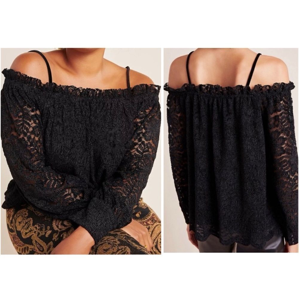 Anthropologie Eri + Ali Romana Lace Off The Shoulder Lined Top Blouse Black Sm